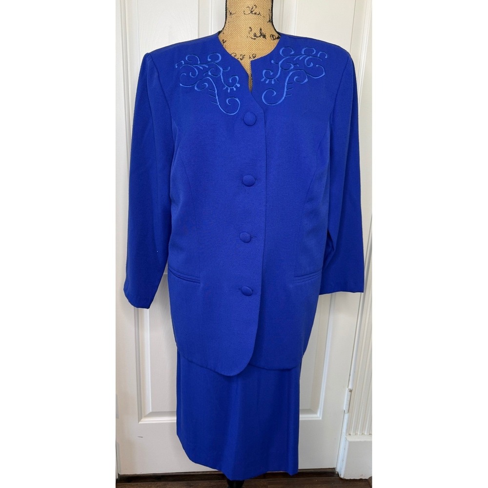Vintage 90's Victoria Morgan Royal Blue Embroidered‎ Skirt Suit Set Size 18